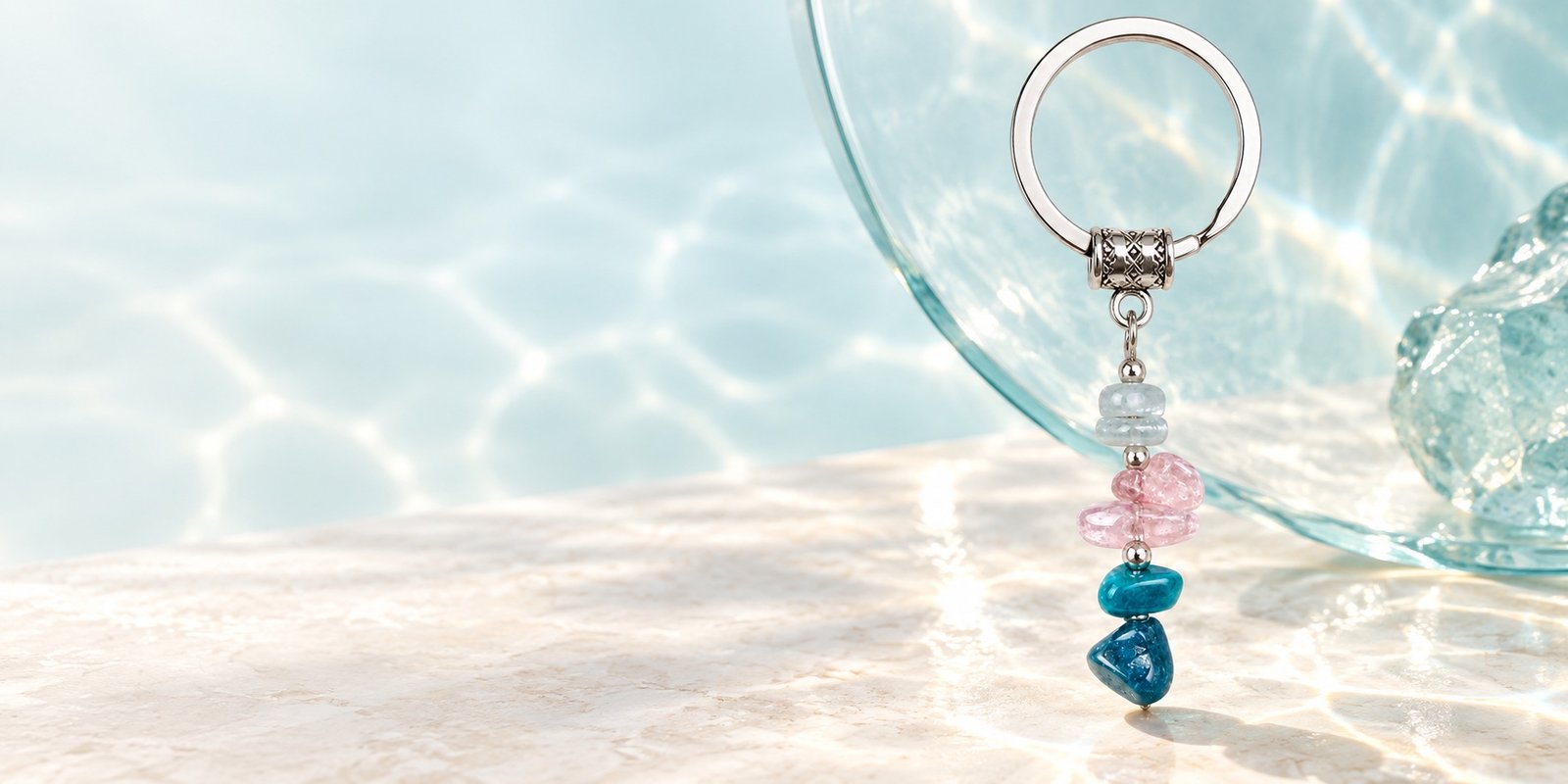 Editorial banner featuring crystal keychains