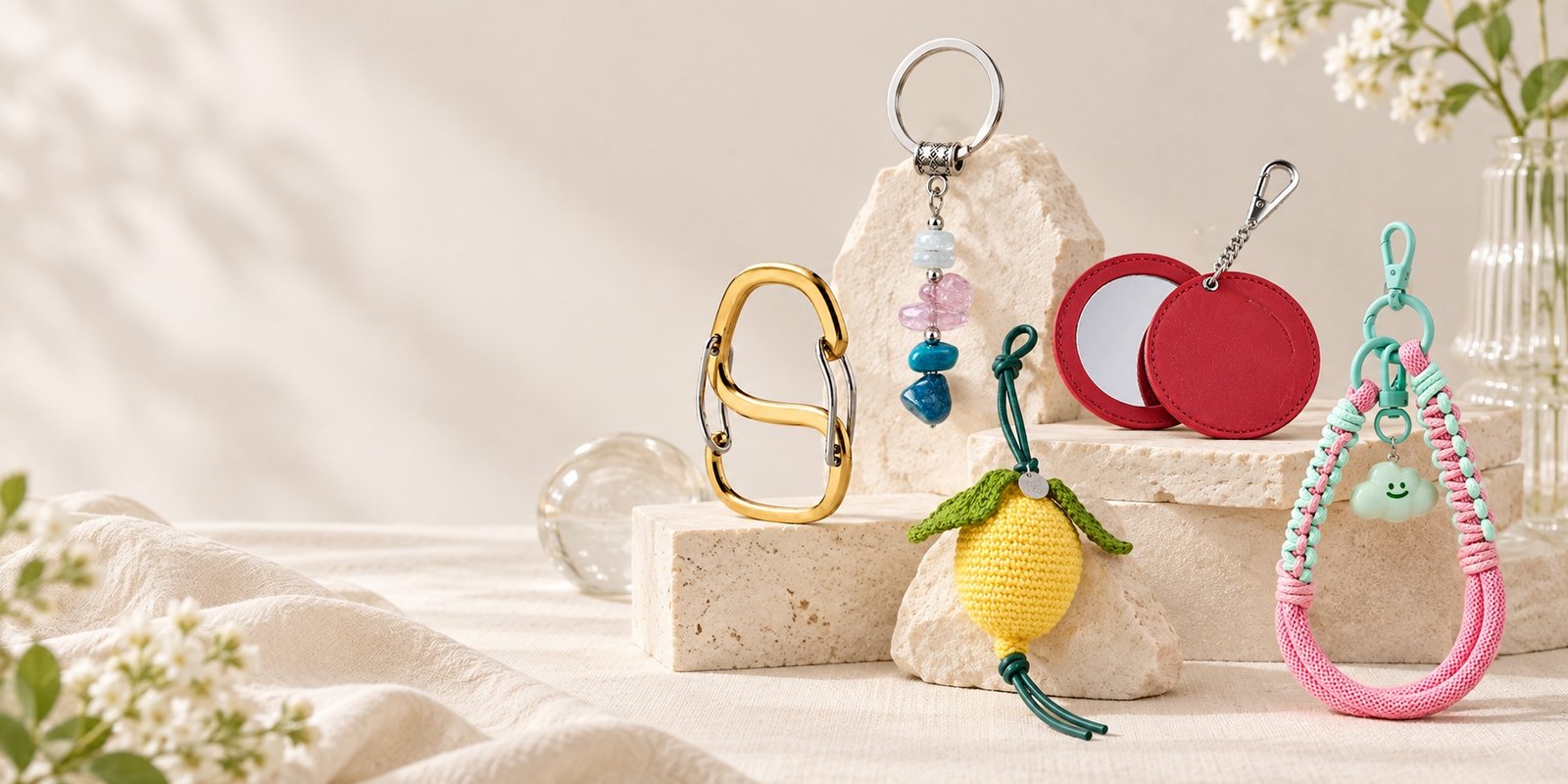 Editorial collection of metal, crystal, leather, fabric and phone charm keychains