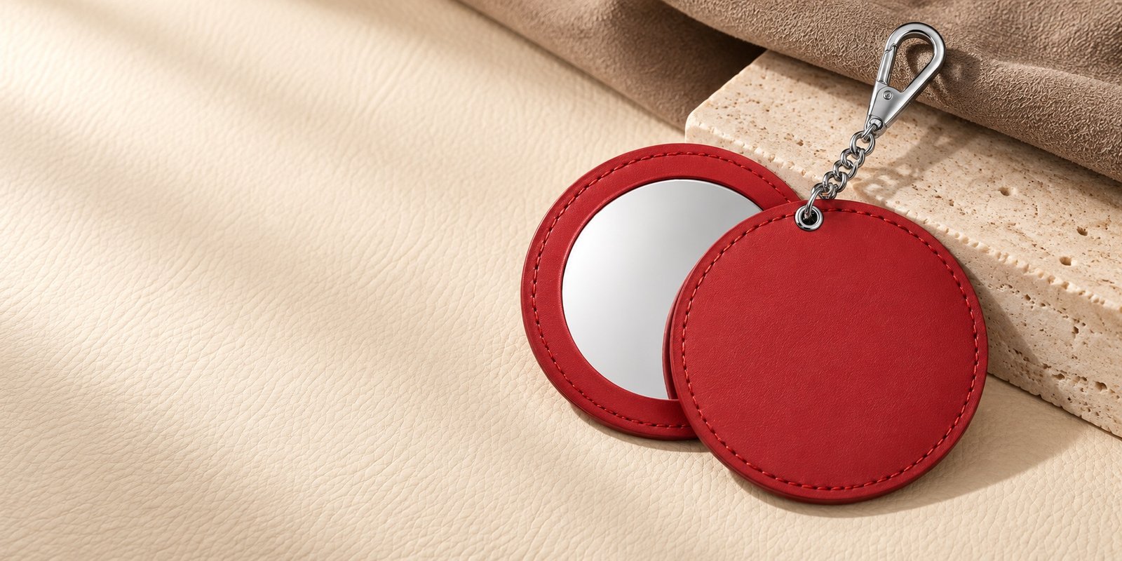 Editorial banner featuring leather keychains