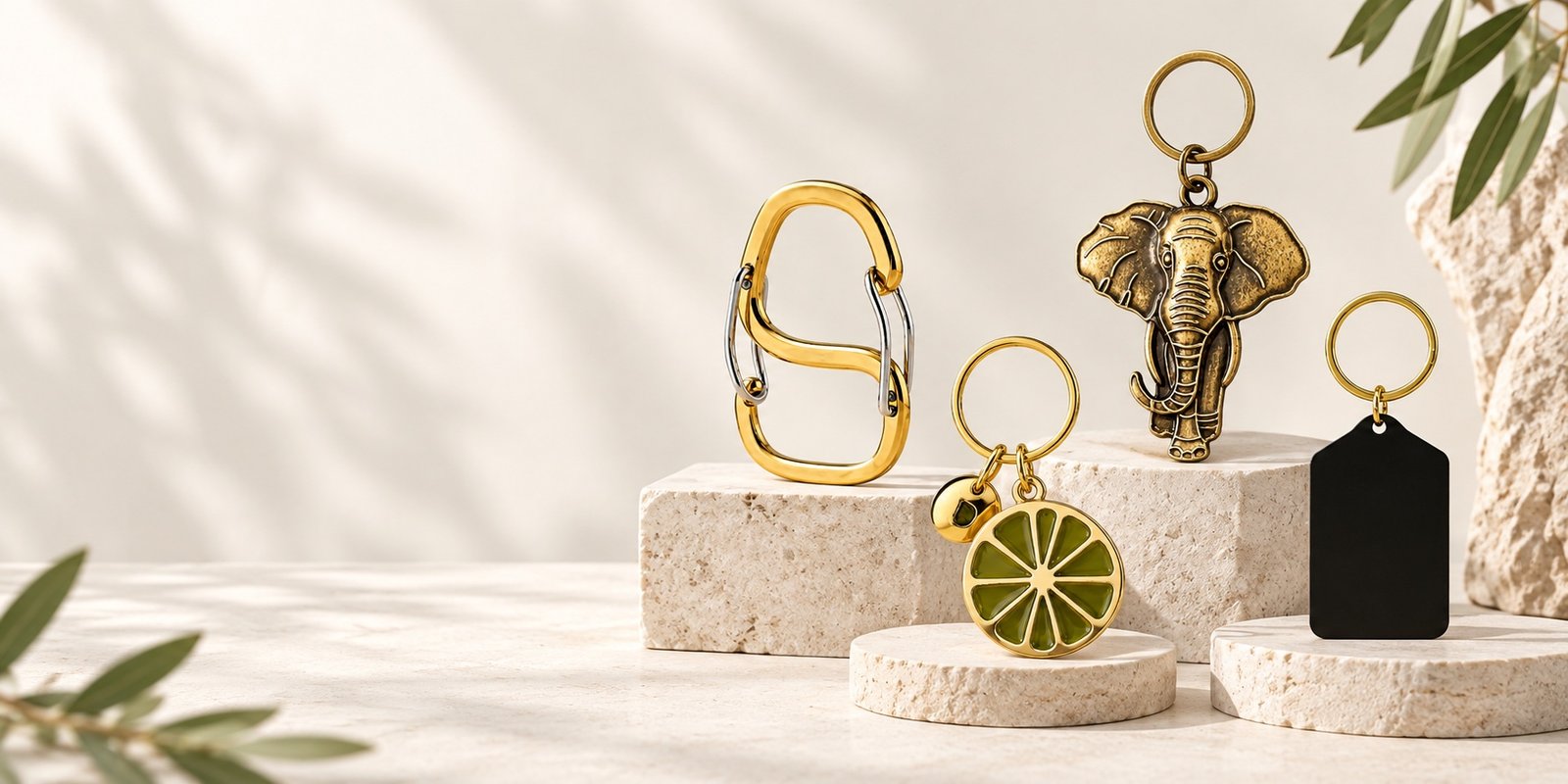 Editorial banner featuring custom metal keychains
